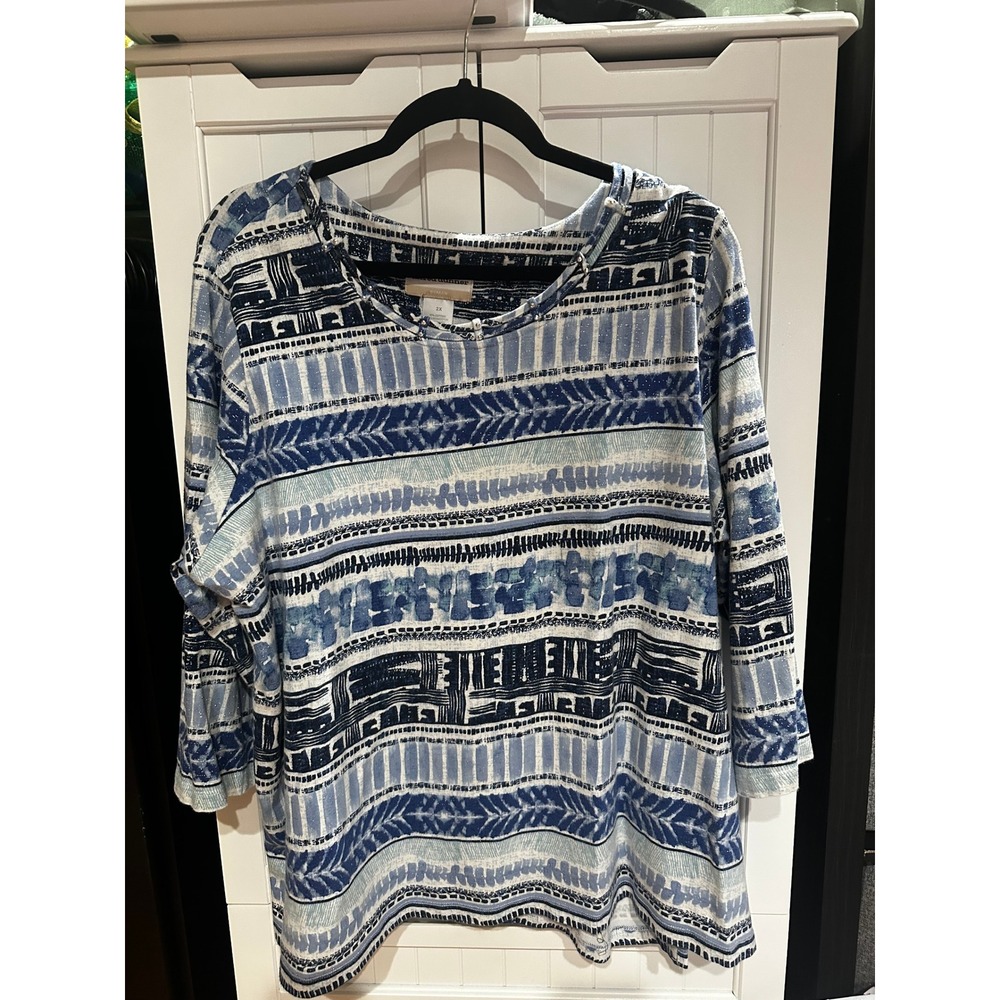 Alfred Dunner Woman Blue White Tribal Geometric Metallic Shimmer Top 2X 3/4 Slv